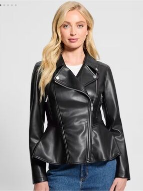 Guess Black Faux Leather Peplum Moto Jacket